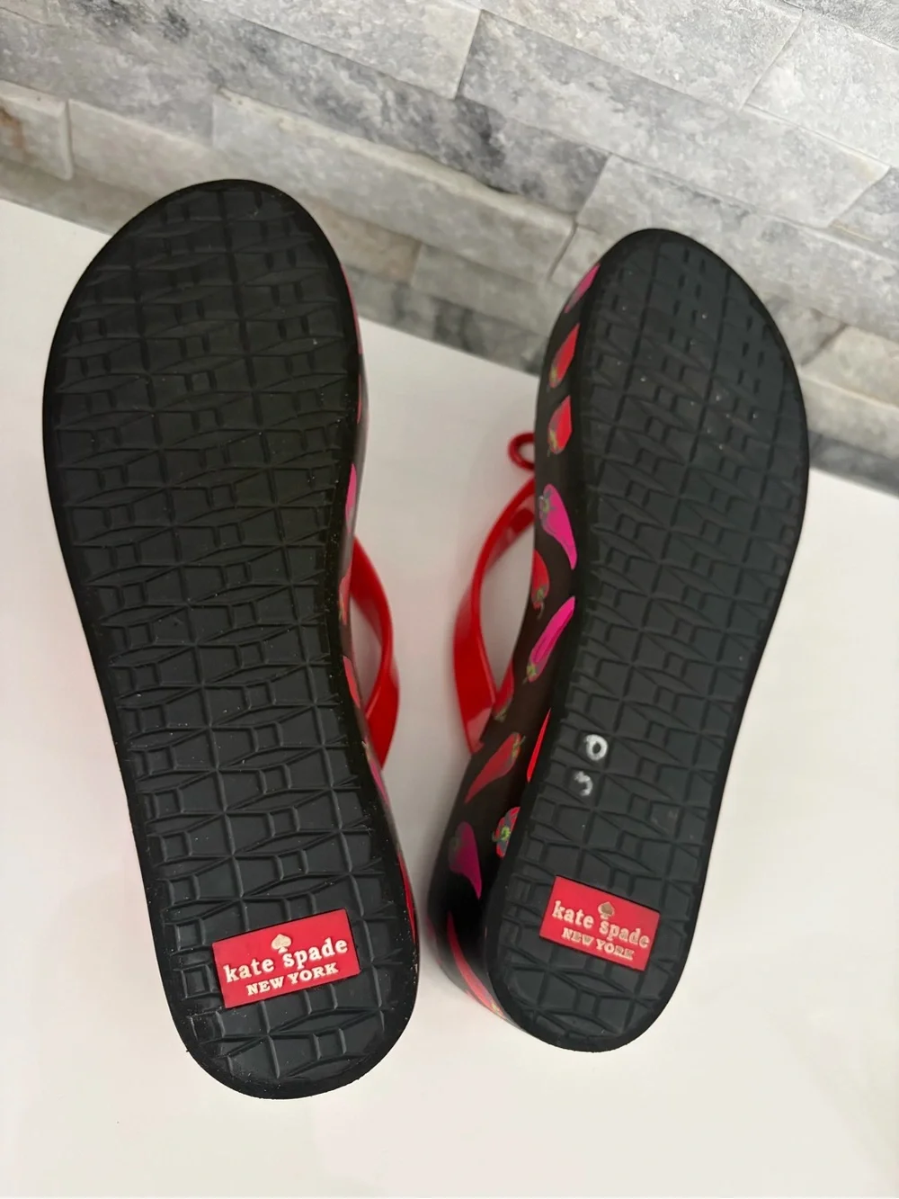 kate spade Black Platform Flip Flop Sandals with Red and Pink Pepper Print - Picture 5 of 10